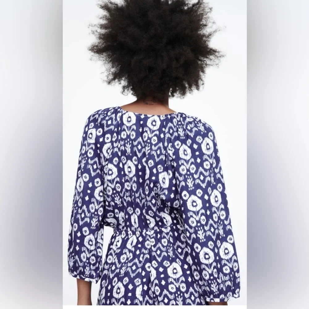 Zara Plunging Neck Royal Blue Print 1/2 Sleeves Short Linen Blend Romper ✨